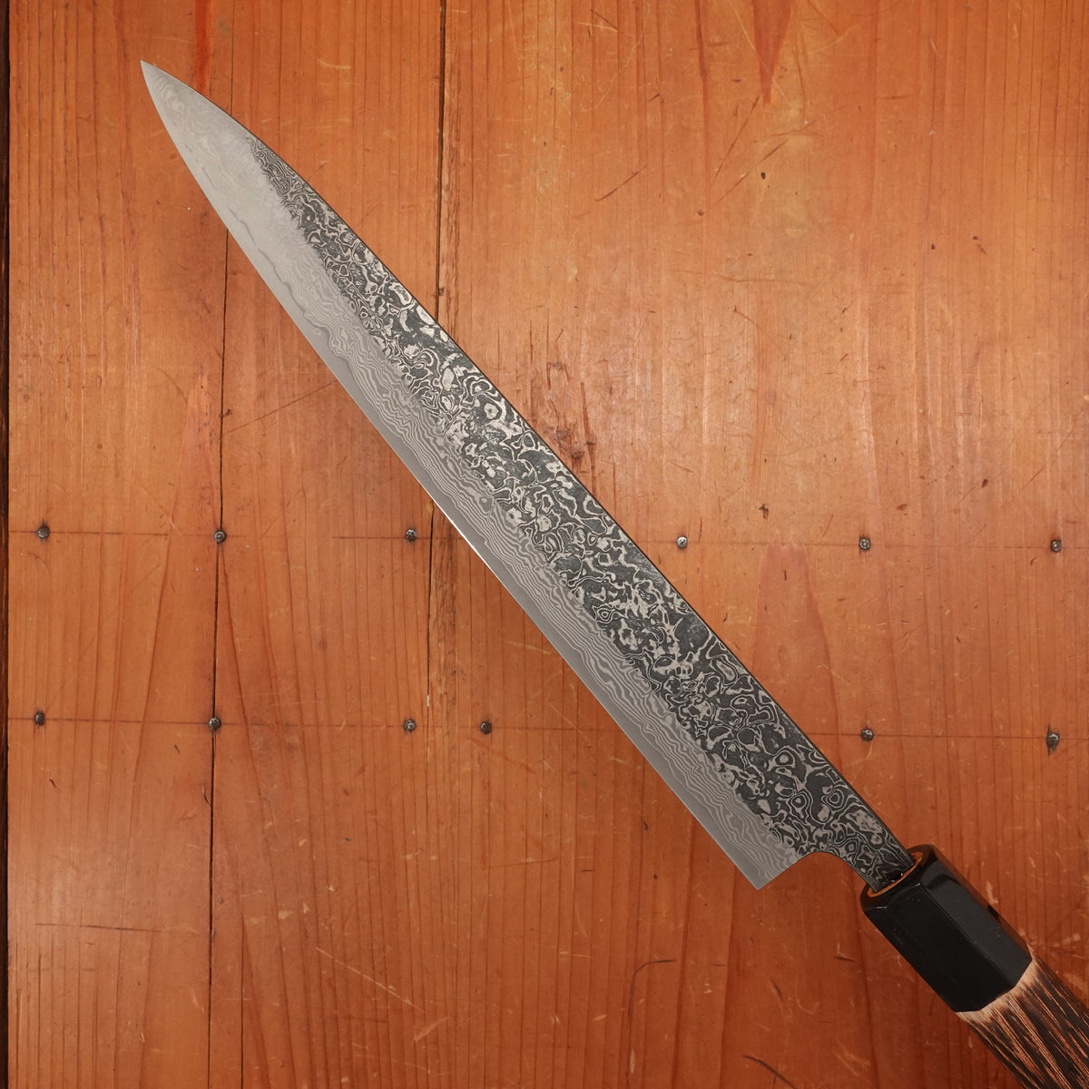 New Old Stock Yoshikane 240mm Sujihiki SLD Suminagashi Blade New Burnt Chestnut Handle