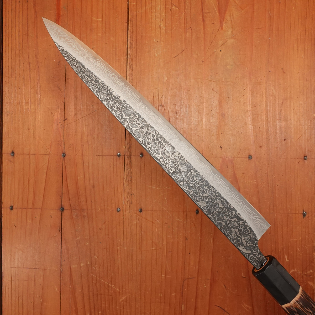 New Old Stock Yoshikane 240mm Sujihiki SLD Suminagashi Blade New Burnt Chestnut Handle