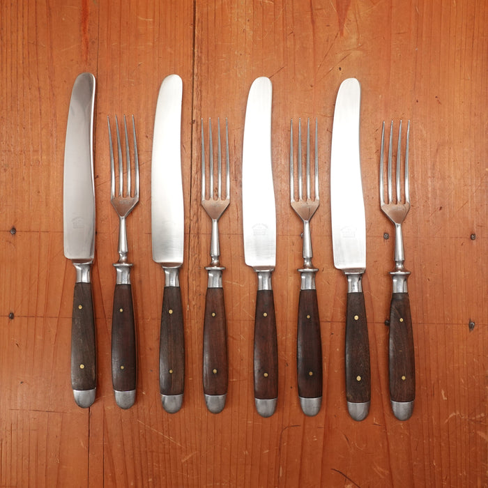 Firestone Trading Co 4pc Forged Table Knife & Fork Set Stainless & Walnut Solingen ~1950s