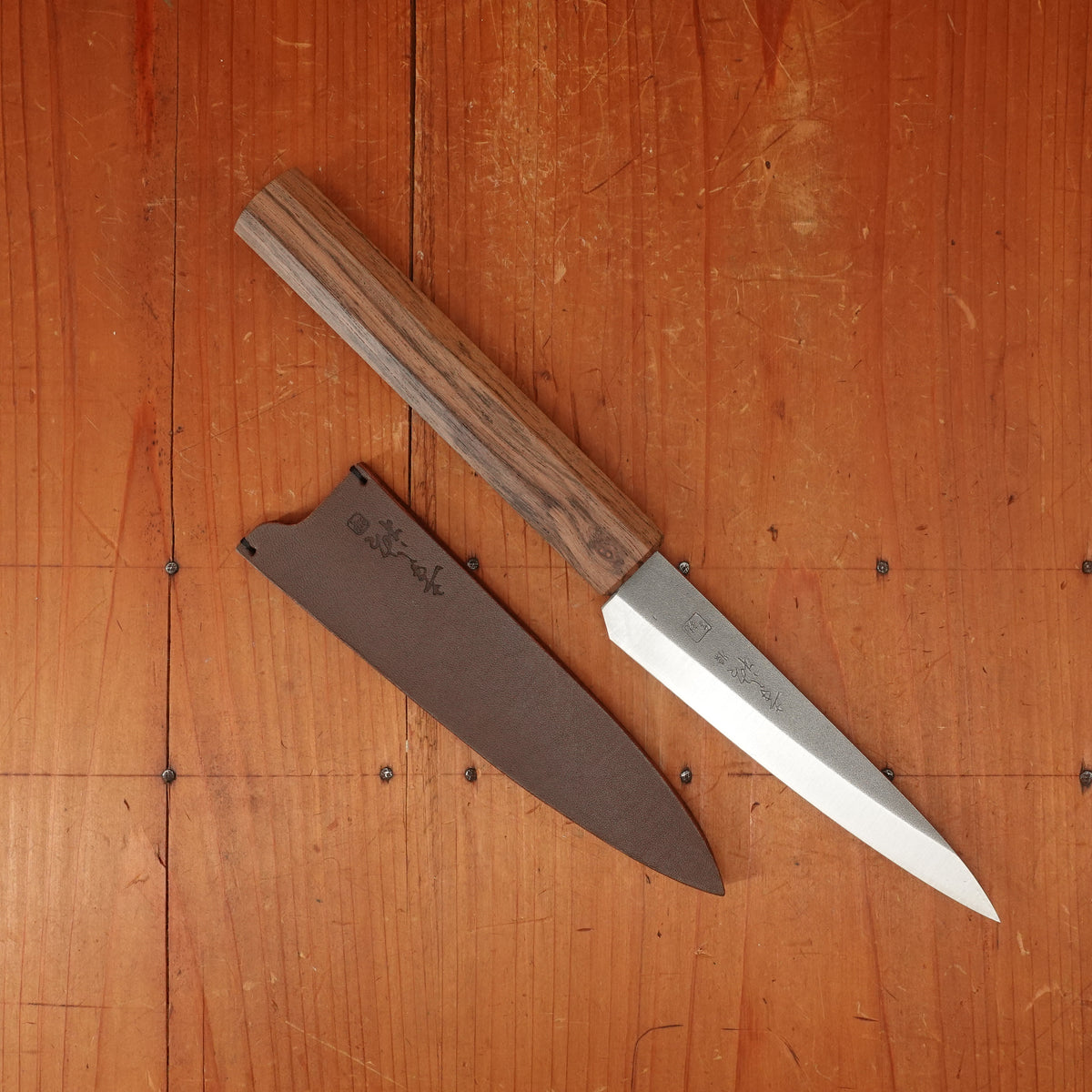 Bernal Cutlery x Konosuke GS+ 140mm Ko-Sabaki SLD Kurouchi Khii Laurel Handle with Leather Sheath
