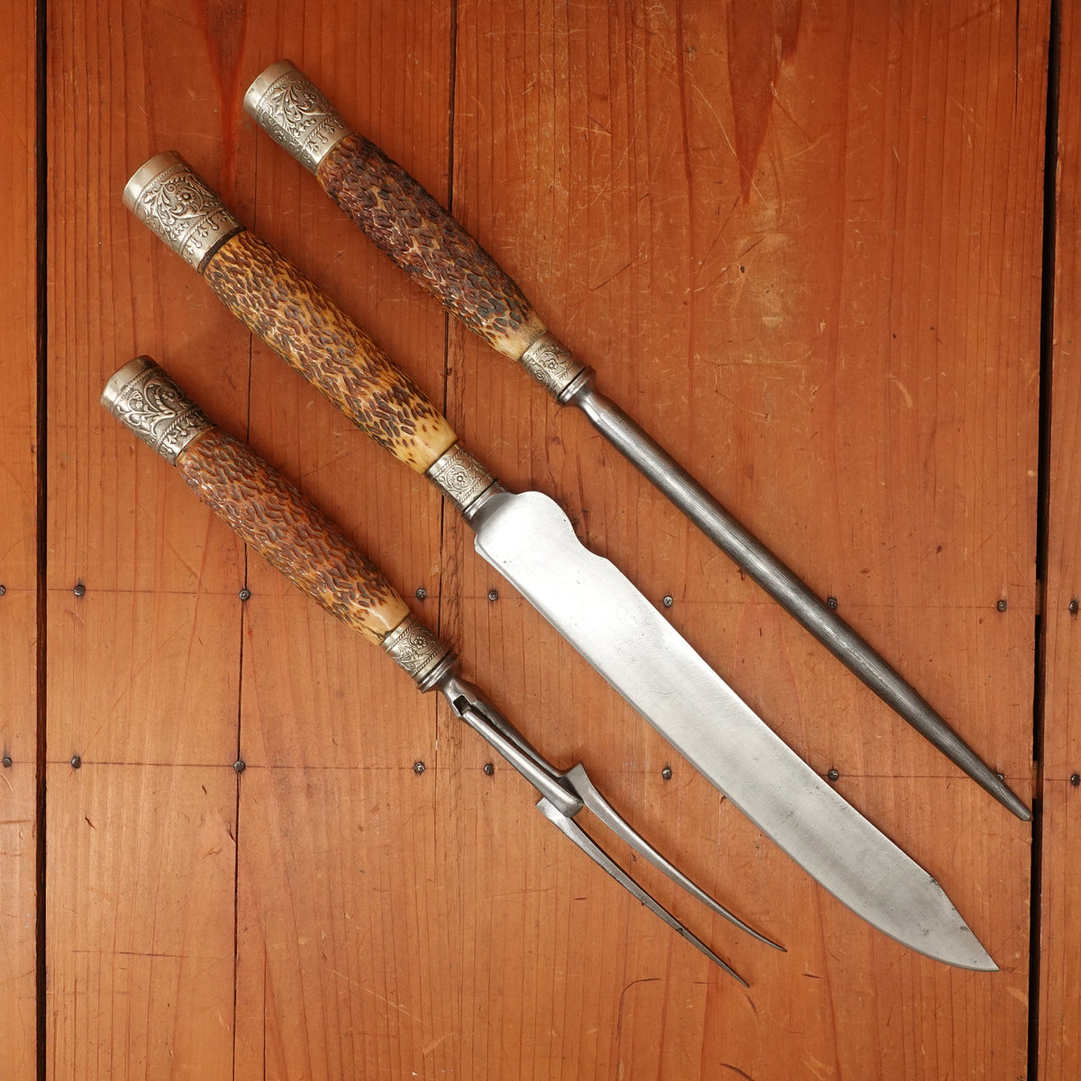 Kendal & Dent 3 Pc Carving Set Shear Steel Jigged Bone & Nickel M.I. Sheffield Approx 1890s-1920