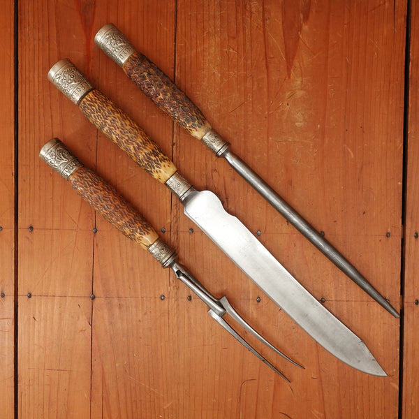 Kendal & Dent 3 Pc Carving Set Shear Steel Jigged Bone & Nickel M.I. Sheffield Approx 1890s-1920