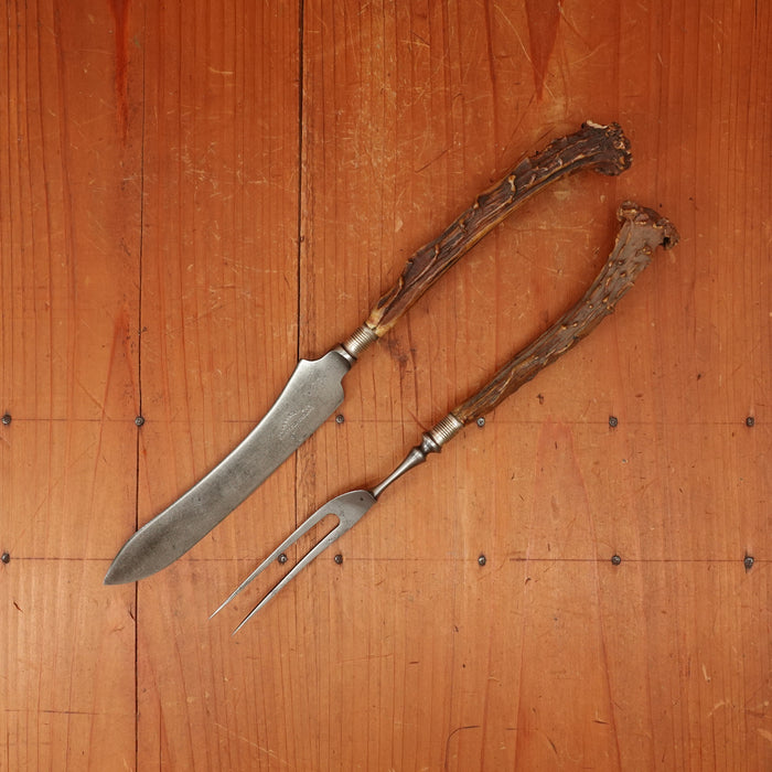 John Bently & Co 'California Carver' Copy 5" Offset Carving Knife & Fork Carbon Steel Nickel Crown Stag 1890s-1910s