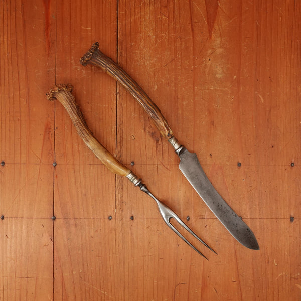 John Bently & Co 'California Carver' Copy 5" Offset Carving Knife & Fork Carbon Steel Nickel Crown Stag 1890s-1910s