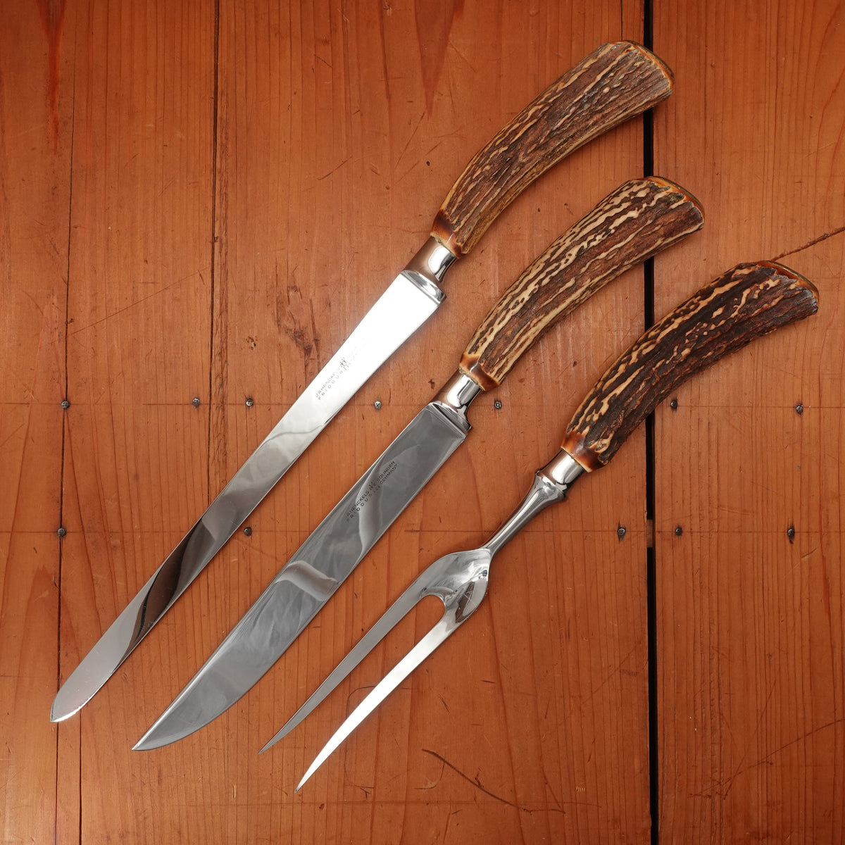 J A Henckels Friodur 3 Pc Carving Set Forged Stainless & Stag Solingen, Germany 1960-70s