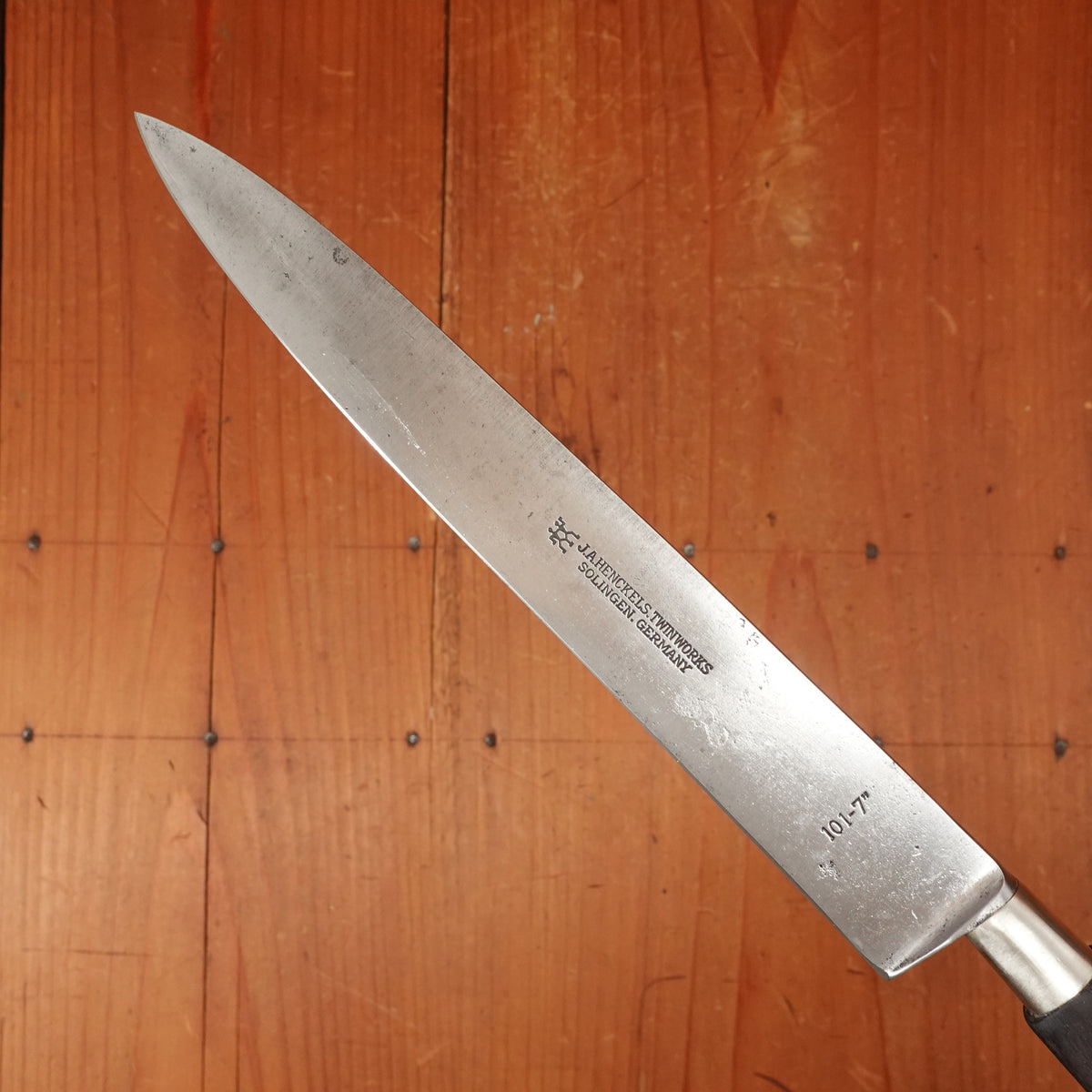 J.A. Henckels 7.25" Semi-Flexible Nogent Style Slicer 101-7" Carbon Steel Fruitwood 1920s-30s *lead warning*