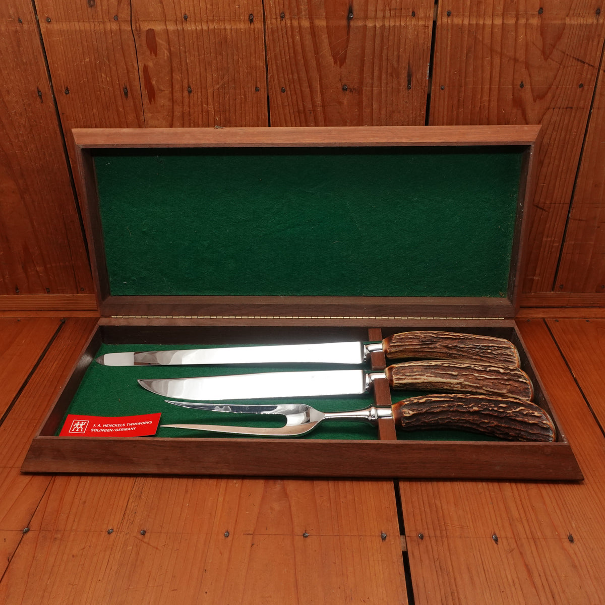 J A Henckels Friodur 3 Pc Carving Set Forged Stainless & Stag Solingen, Germany 1960-70s