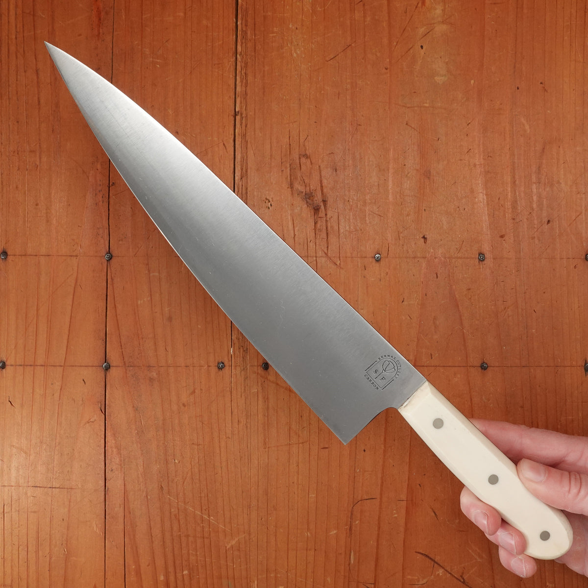 Bernal Cutlery Hand Forged 9" Plate Semelle Chef Knife 52100 Nickel Corby Bolts Antique Bone Handle