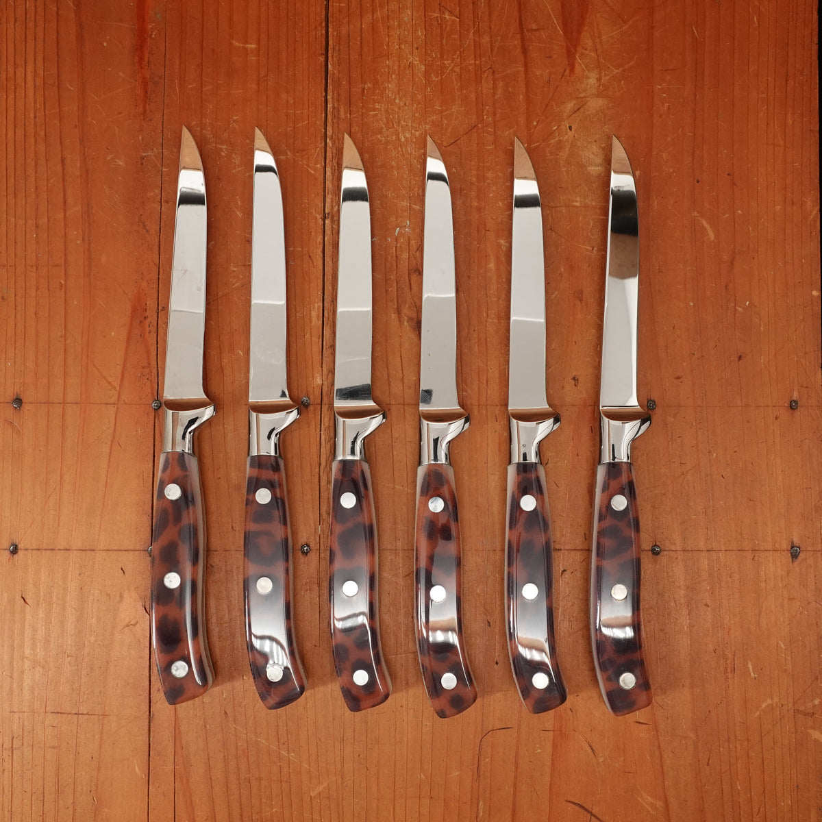 Chateau Briand 110mm Steak Knife Set of 6 Stainless "Peg Bundy" Leopard Spot Composite In Box Theirs France 1990s-2015