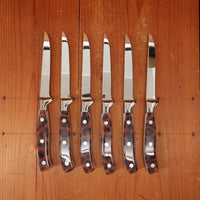 Chateau Briand 110mm Steak Knife Set of 6 Stainless "Peg Bundy" Leopard Spot Composite In Box Theirs France 1990s-2015