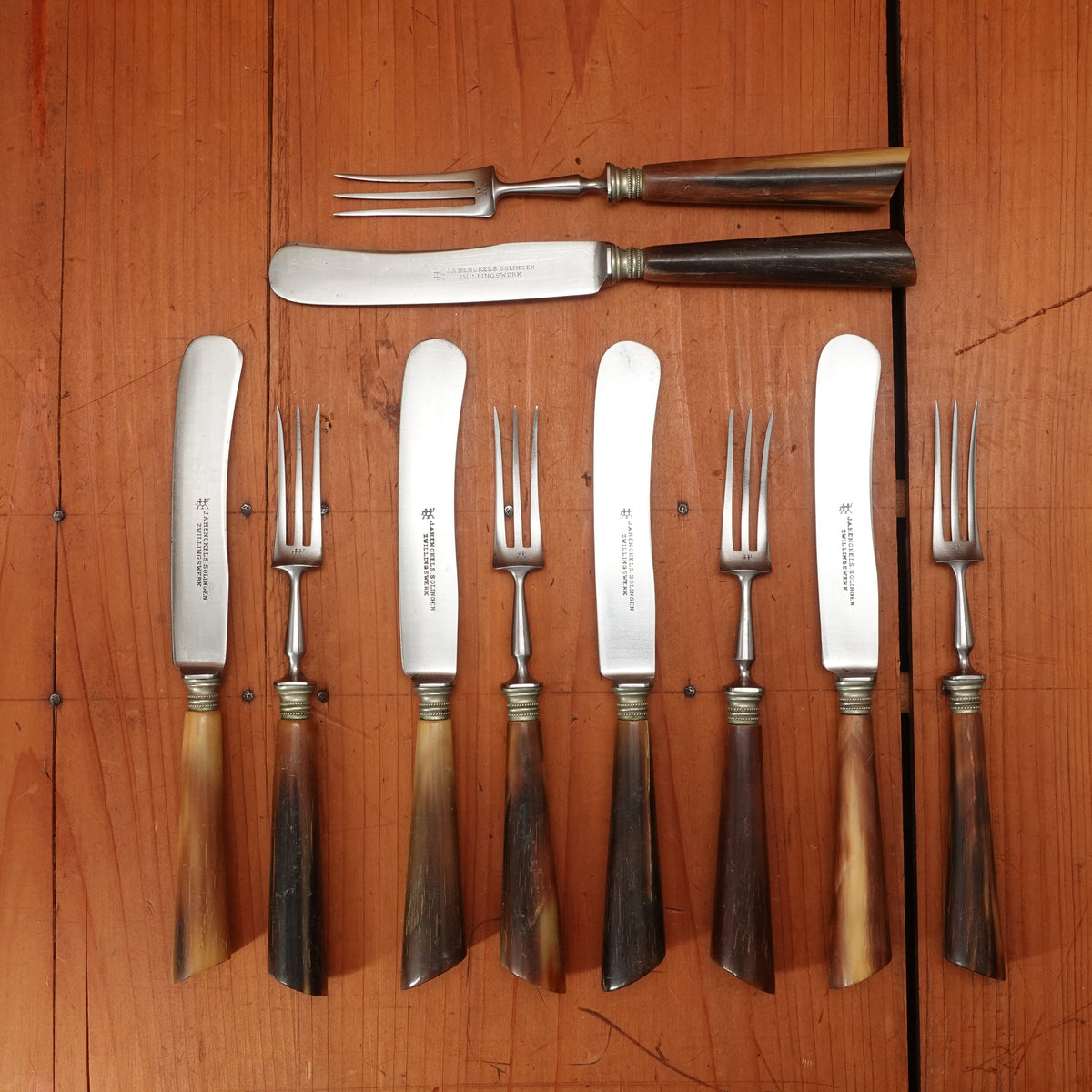 J A Henckels Buckels Knife and Fork Luncheon Set of 5 Carbon Steel Horn 1900-1920
