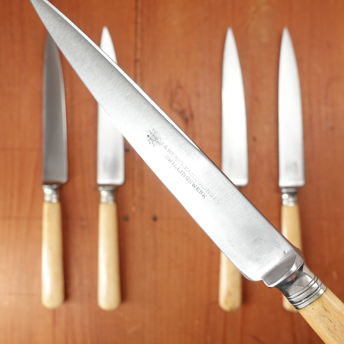 Assorted BC Historically Inaccurate J A Henckels 5-5.5" Paring Knives Carbon Steel Cow Bone Handle Solingen, Germany