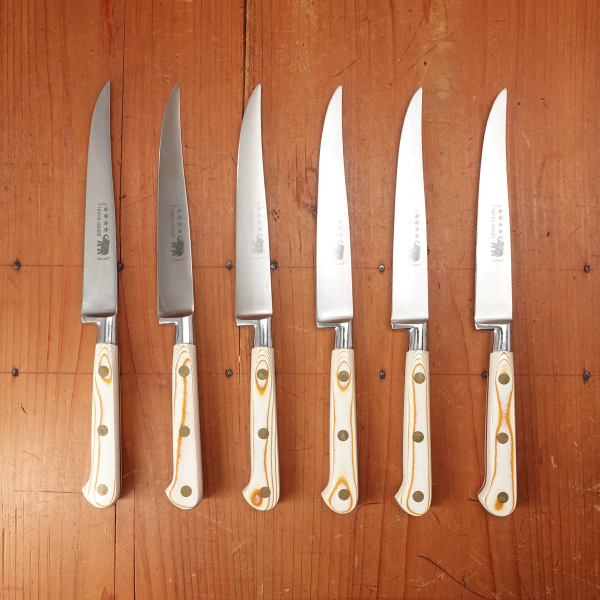 Thiers Issard Steak Knife Set Stainless Steel Paper Micarta Handles with Box Thiers, France 1980-90 - 6 Pieces