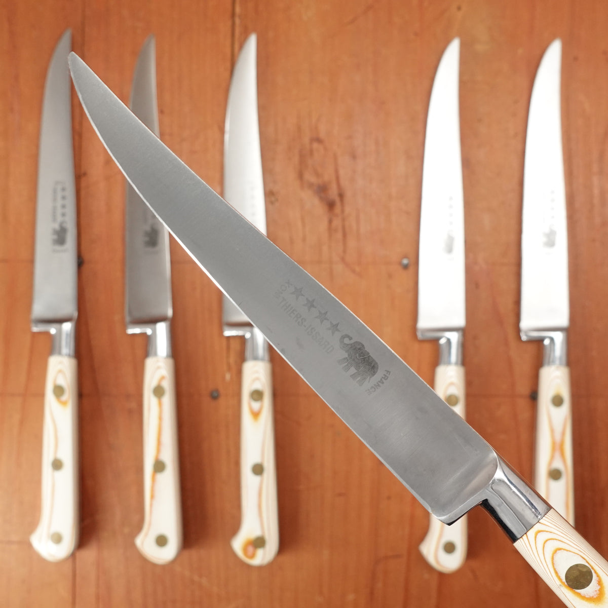 Thiers Issard Steak Knife Set Stainless Steel Paper Micarta Handles with Box Thiers, France 1980-90 - 6 Pieces