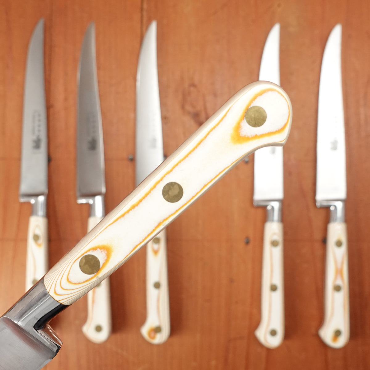 Thiers Issard Steak Knife Set Stainless Steel Paper Micarta Handles with Box Thiers, France 1980-90 - 6 Pieces