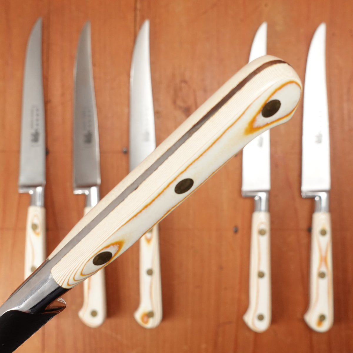 Thiers Issard Steak Knife Set Stainless Steel Paper Micarta Handles with Box Thiers, France 1980-90 - 6 Pieces