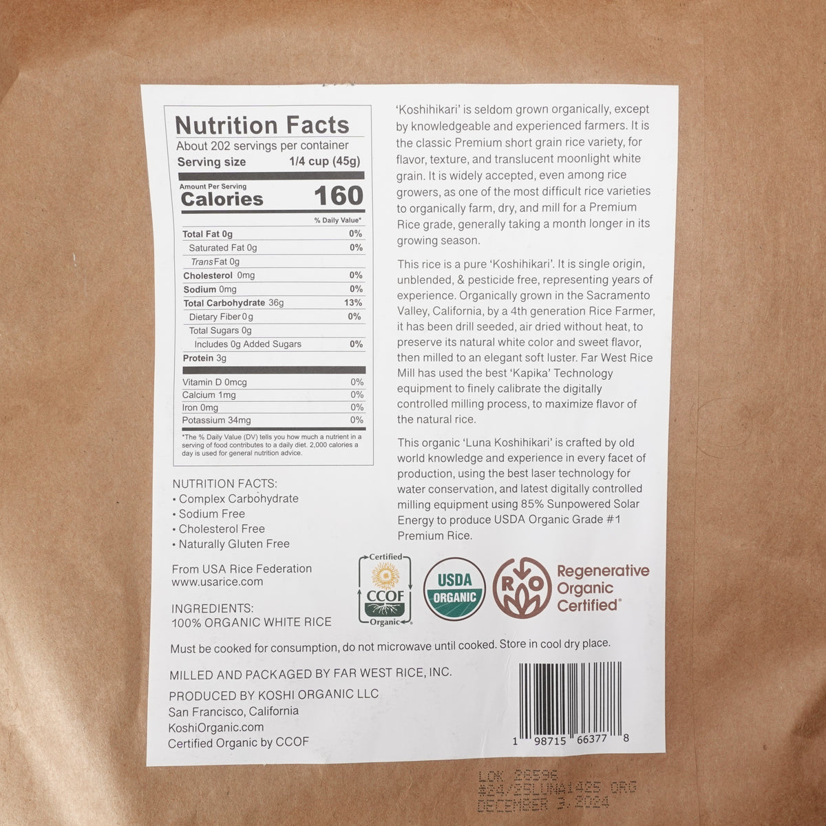 Luna Koshihikari California Organic Japanese Short Grain White Rice - 20lb