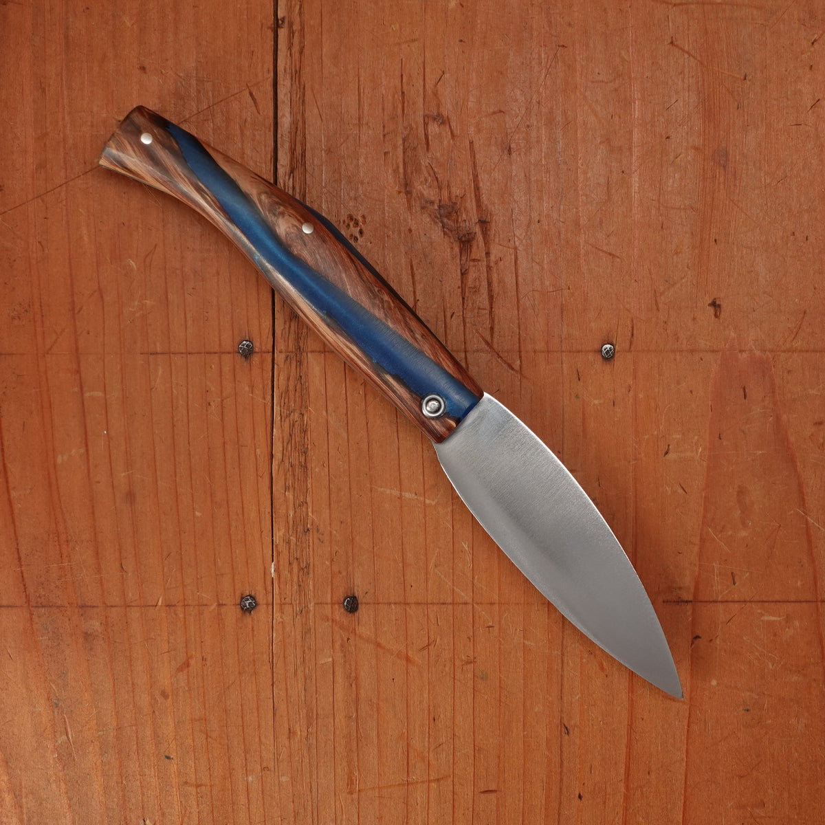 Pallares Busa 10cm Drop Point Stainless Steel Friction Lock Wood and Blue Epoxy Handle