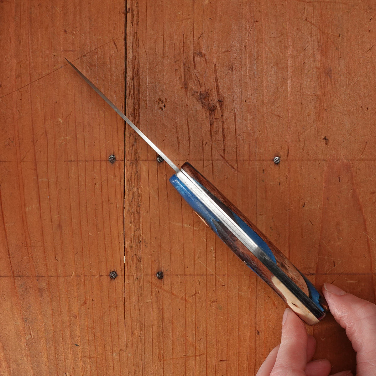 Pallares Busa 10cm Drop Point Stainless Steel Friction Lock Wood and Blue Epoxy Handle