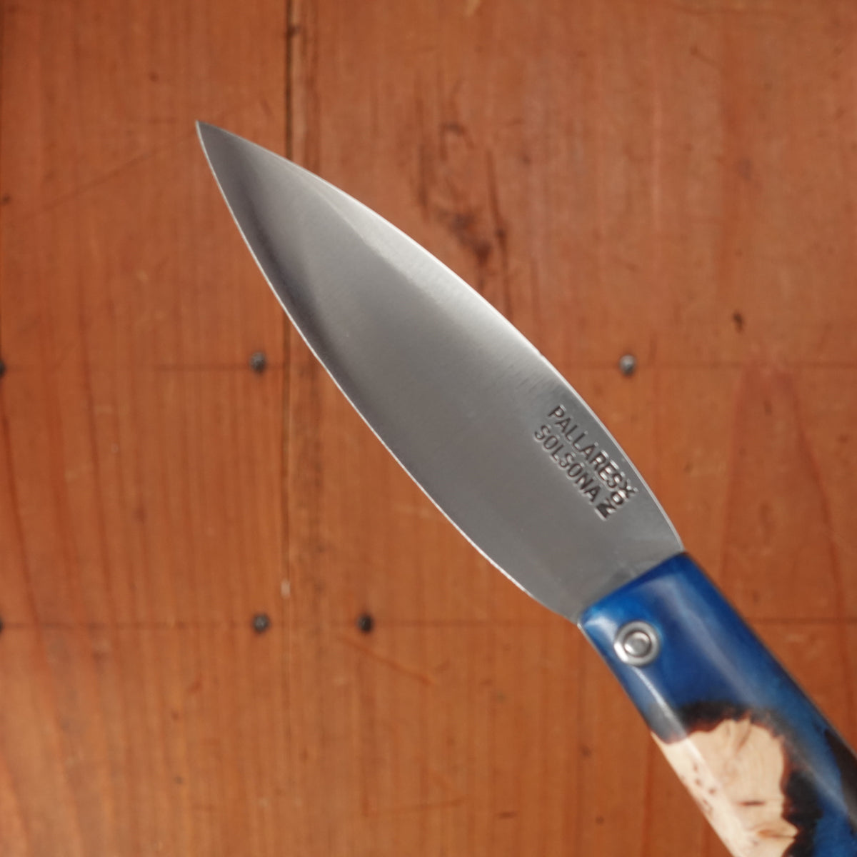 Pallares Busa 10cm Drop Point Stainless Steel Friction Lock Wood and Blue Epoxy Handle
