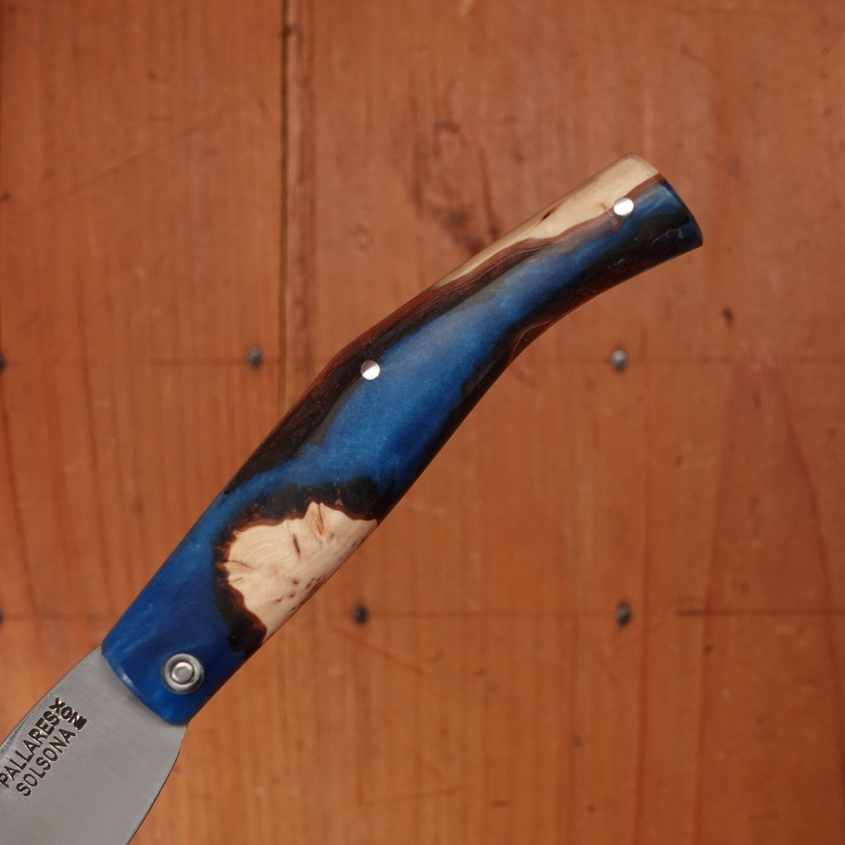 Pallares Busa 10cm Drop Point Stainless Steel Friction Lock Wood and Blue Epoxy Handle