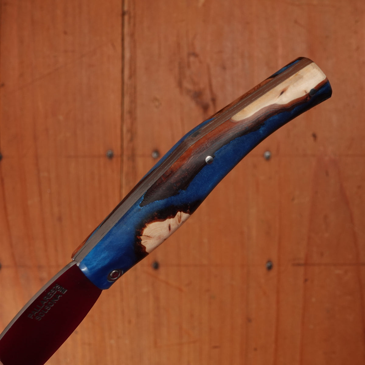 Pallares Busa 10cm Drop Point Stainless Steel Friction Lock Wood and Blue Epoxy Handle