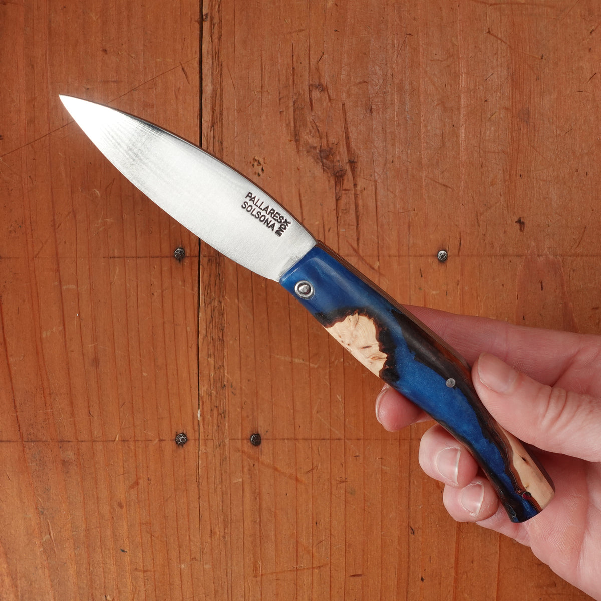 Pallares Busa 10cm Drop Point Stainless Steel Friction Lock Wood and Blue Epoxy Handle