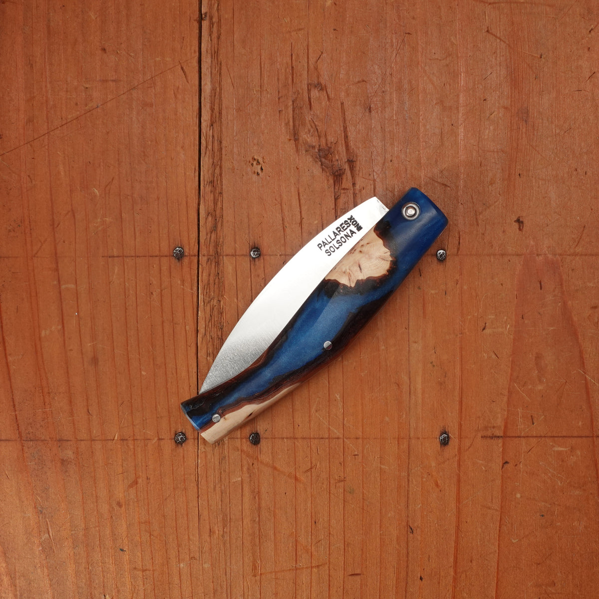 Pallares Busa 10cm Drop Point Stainless Steel Friction Lock Wood and Blue Epoxy Handle