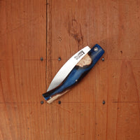 Pallares Busa 10cm Drop Point Stainless Steel Friction Lock Wood and Blue Epoxy Handle