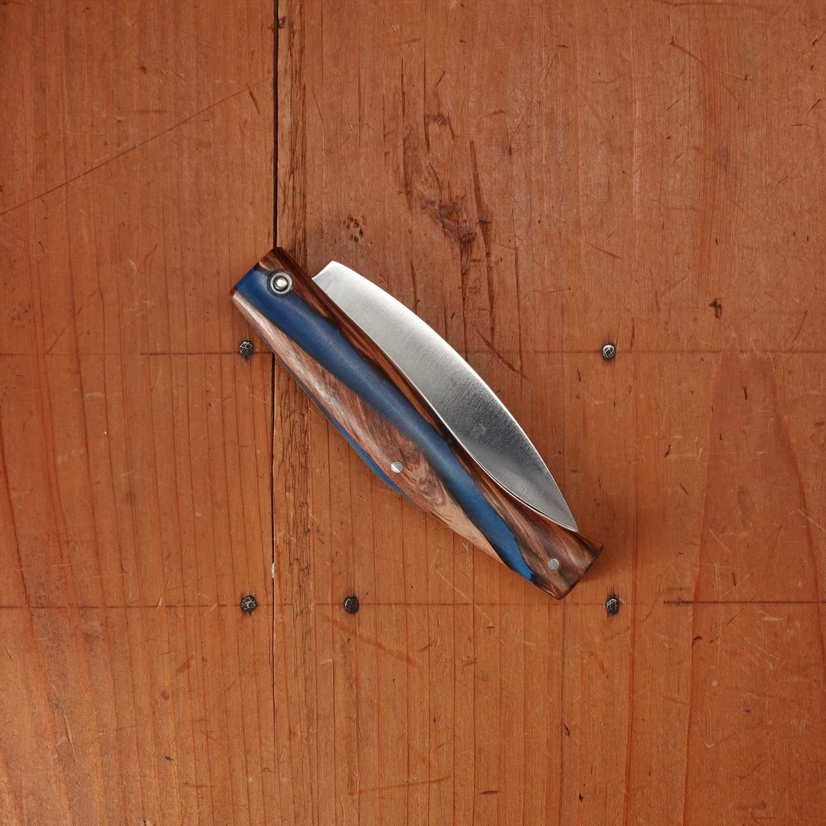 Pallares Busa 10cm Drop Point Stainless Steel Friction Lock Wood and Blue Epoxy Handle