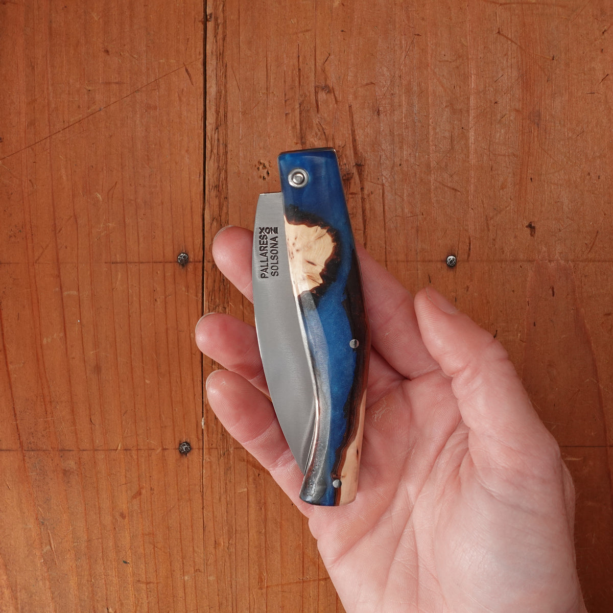 Pallares Busa 10cm Drop Point Stainless Steel Friction Lock Wood and Blue Epoxy Handle