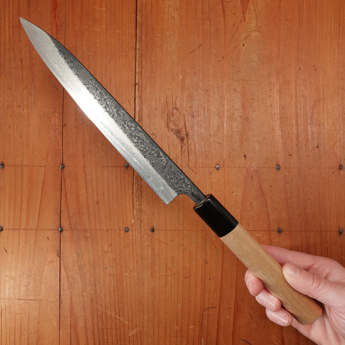 New Old Stock Yoshikane 180mm Wa-Petty SLD Suminagashi Damascus with New Ho & Horn Handle