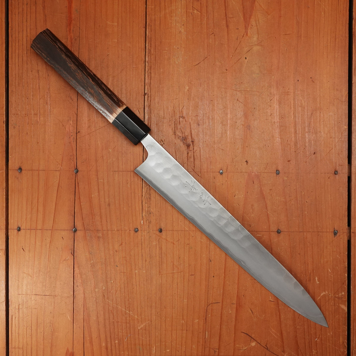 New Old Stock Yoshikane 240mm Wa-Sujihiki SKD Tsuchime with New Burnt Chestnut & Horn Handle