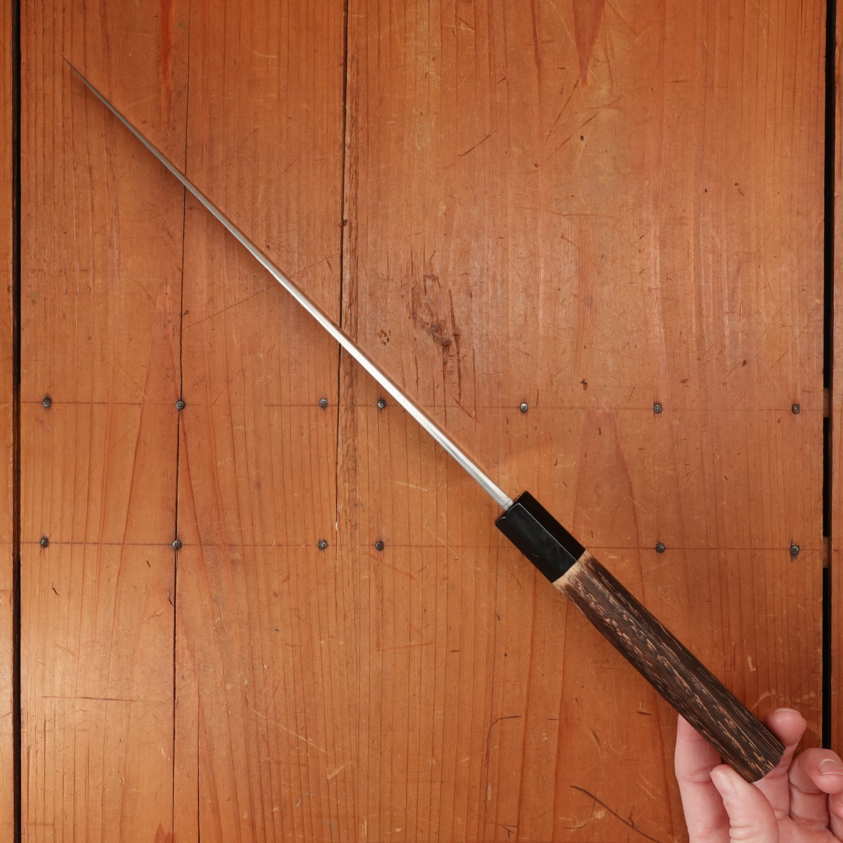 New Old Stock Yoshikane 240mm Wa-Sujihiki SKD Tsuchime with New Burnt Chestnut & Horn Handle