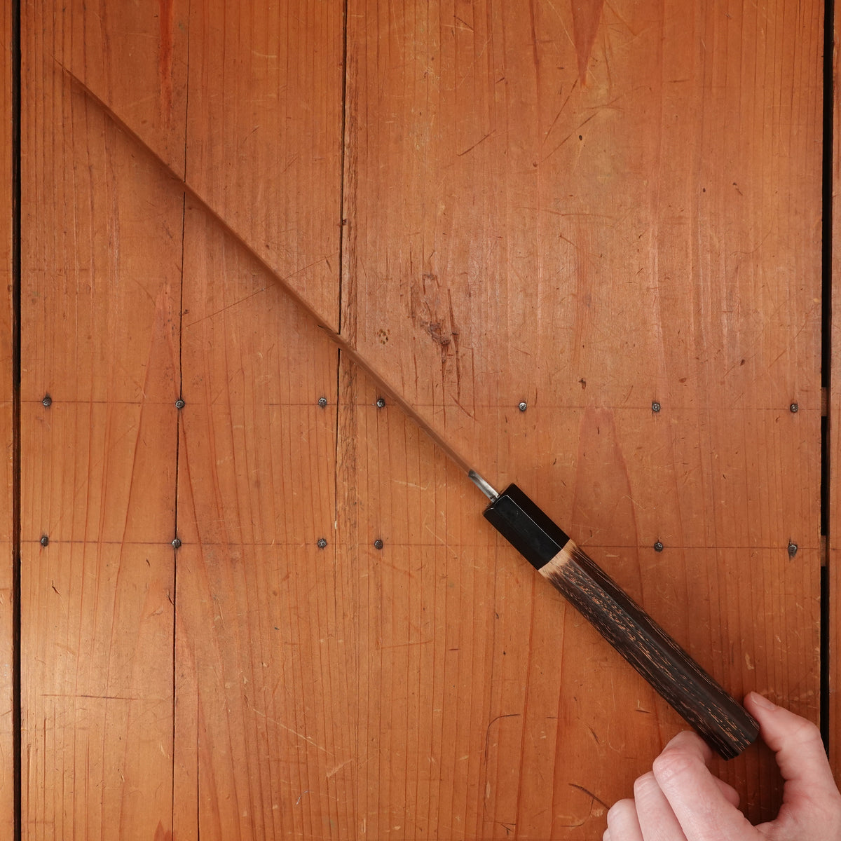 New Old Stock Yoshikane 240mm Wa-Sujihiki SKD Tsuchime with New Burnt Chestnut & Horn Handle