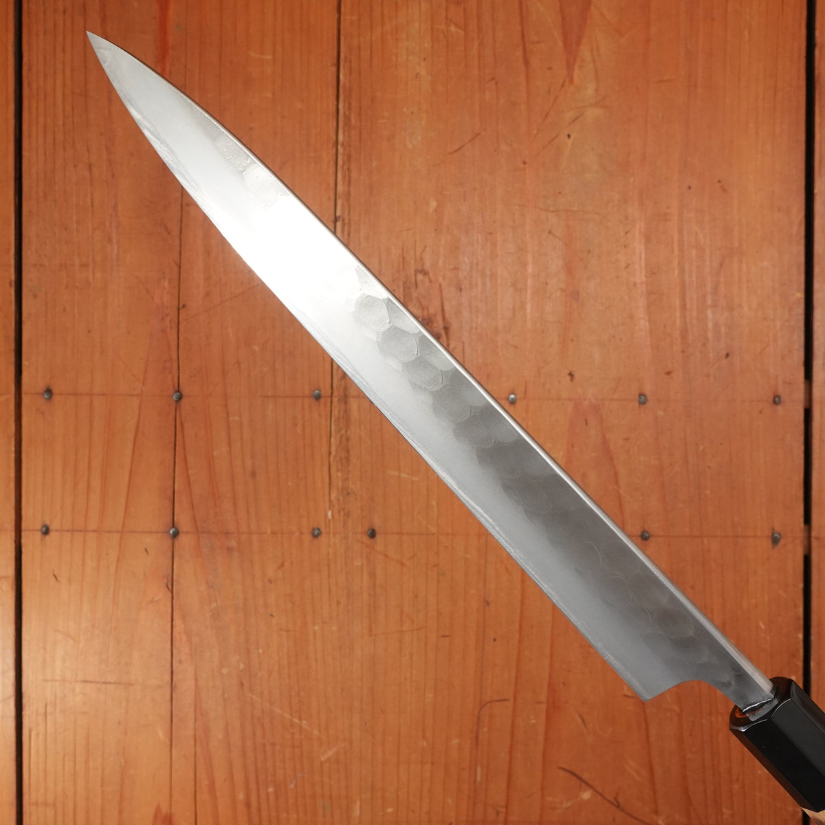 New Old Stock Yoshikane 240mm Wa-Sujihiki SKD Tsuchime with New Burnt Chestnut & Horn Handle