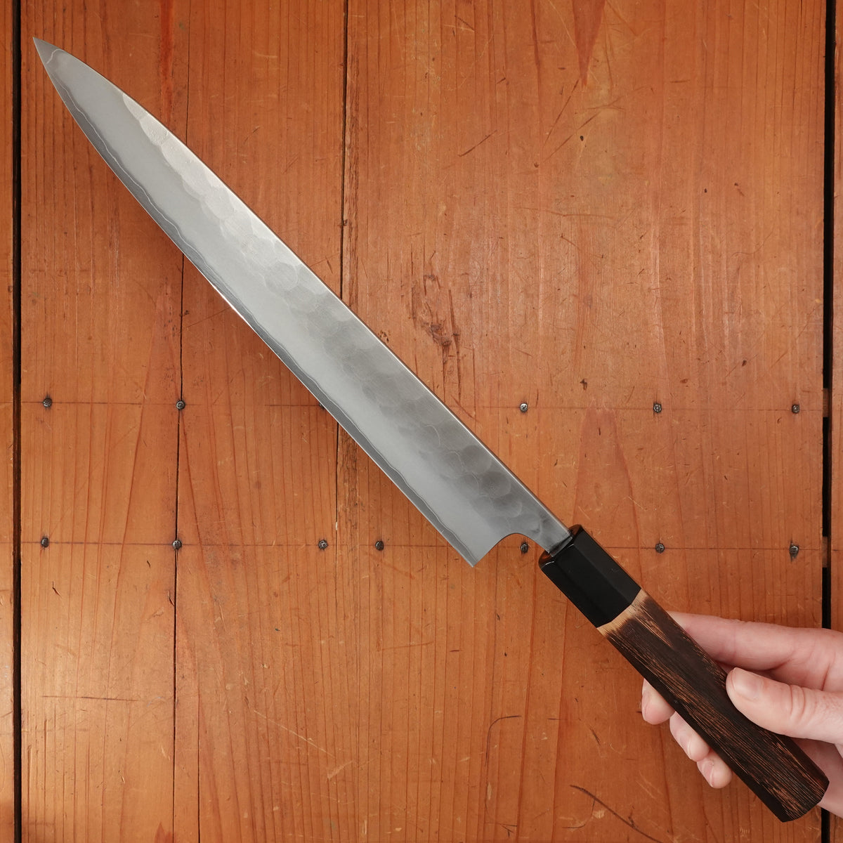 New Old Stock Yoshikane 240mm Wa-Sujihiki SKD Tsuchime with New Burnt Chestnut & Horn Handle