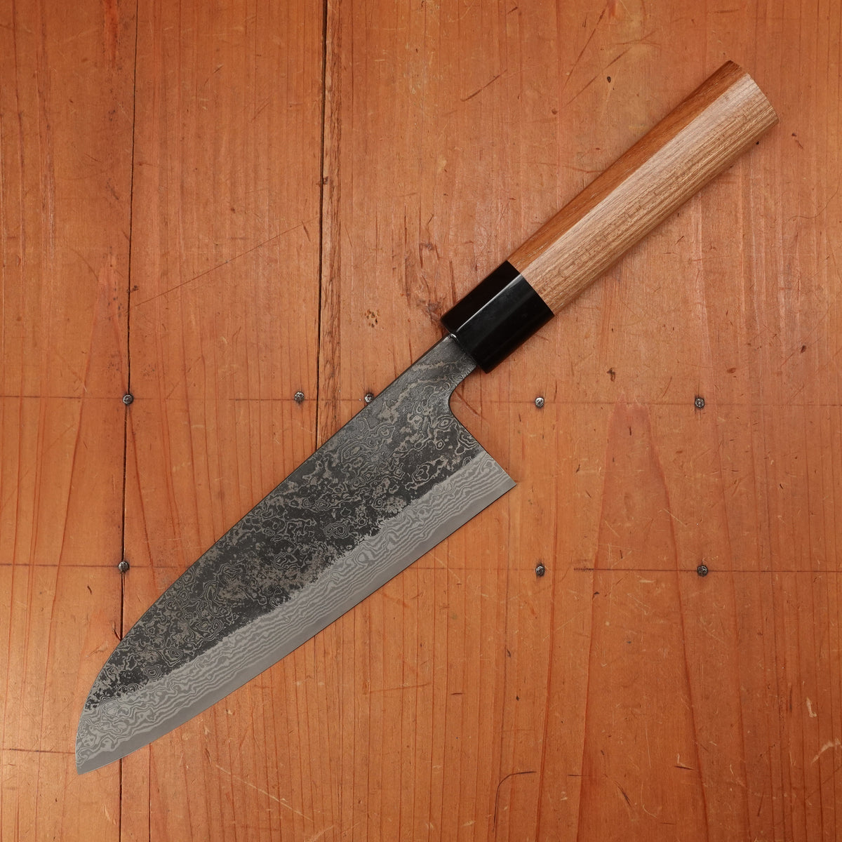 New Old Stock Yoshikane 180mm Wa-Santoku SLD Suminagashi Damascus with New Enju & Horn Handle