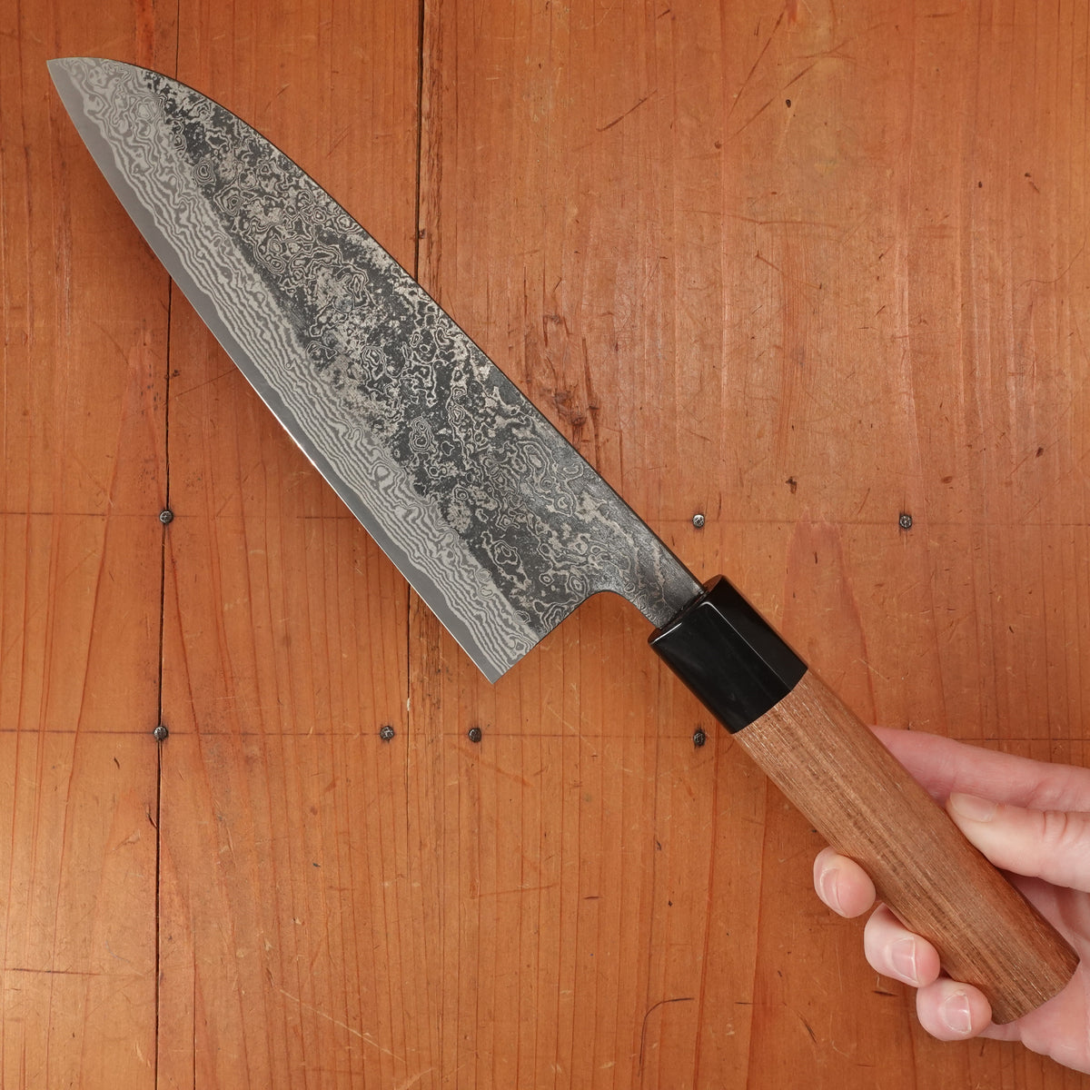 New Old Stock Yoshikane 180mm Wa-Santoku SLD Suminagashi Damascus with New Enju & Horn Handle