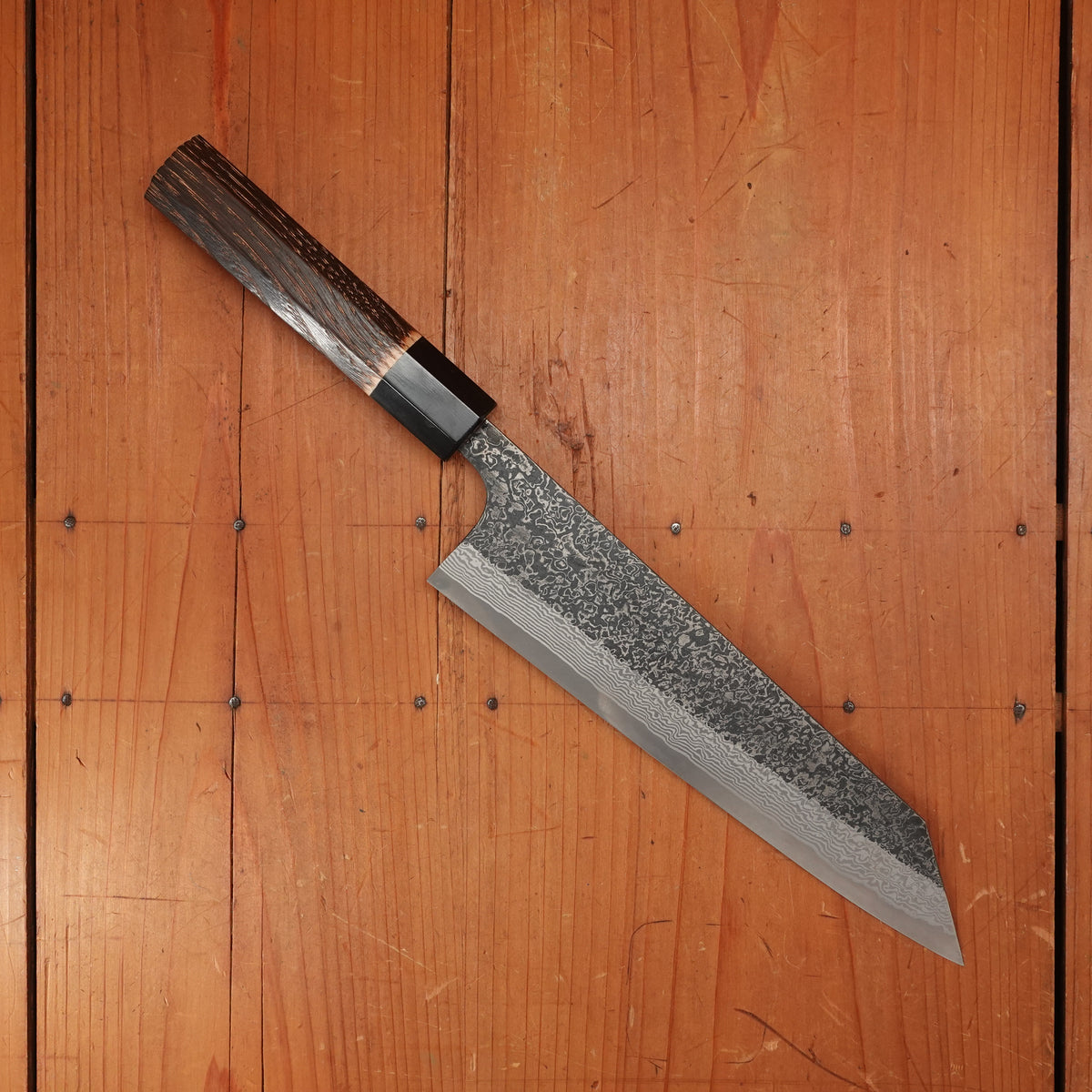 New Old Stock Yoshikane 210mm Wa-Kiritsuke Gyuto SLD Suminagashi Damascus with New Burnt Chestnut Handle