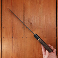 New Old Stock Yoshikane 210mm Wa-Kiritsuke Gyuto SLD Suminagashi Damascus with New Burnt Chestnut Handle