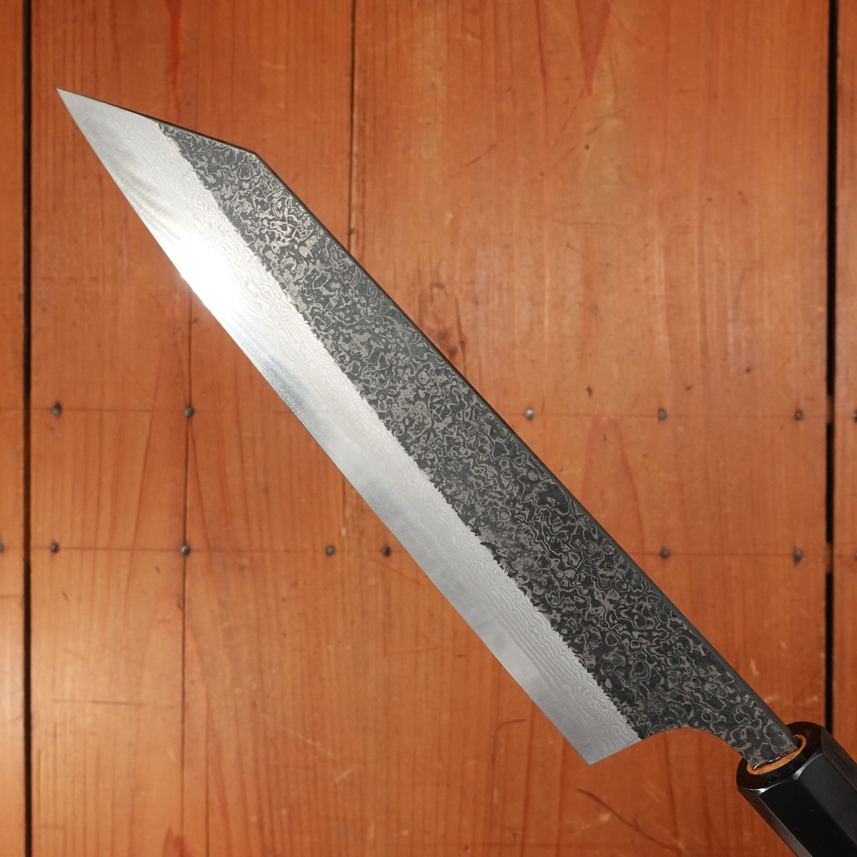 New Old Stock Yoshikane 210mm Wa-Kiritsuke Gyuto SLD Suminagashi Damascus with New Burnt Chestnut Handle