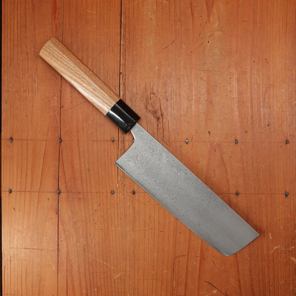 New Old Stock Yoshikane 165mm Nakiri VG10 Suminagashi Damascus with New Enju & Horn Handle