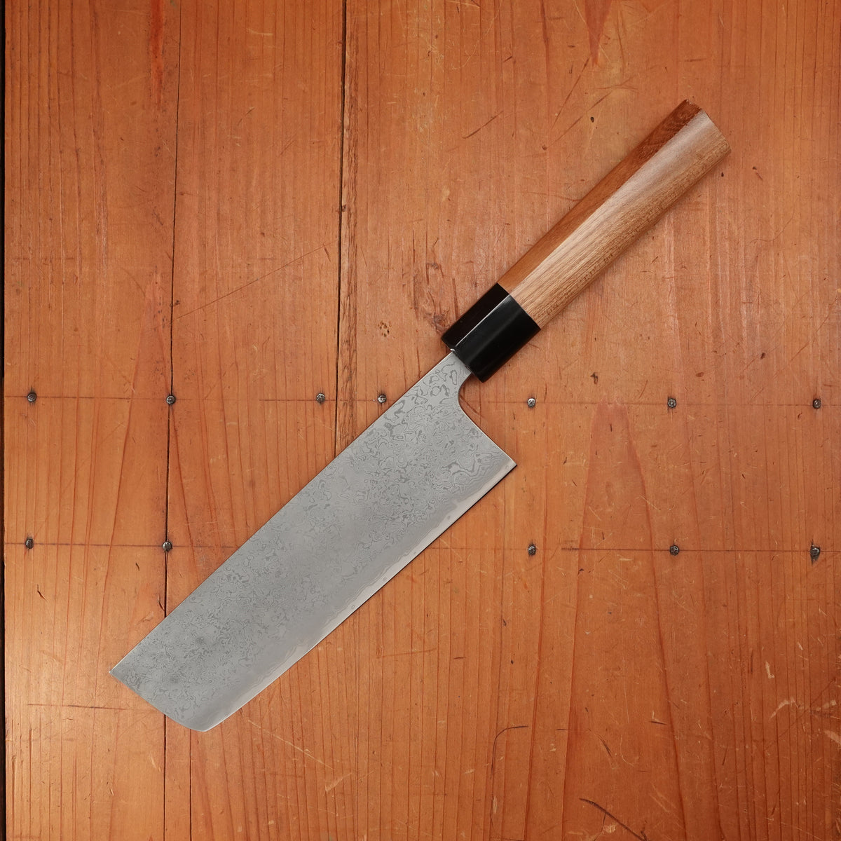 New Old Stock Yoshikane 165mm Nakiri VG10 Suminagashi Damascus with New Enju & Horn Handle