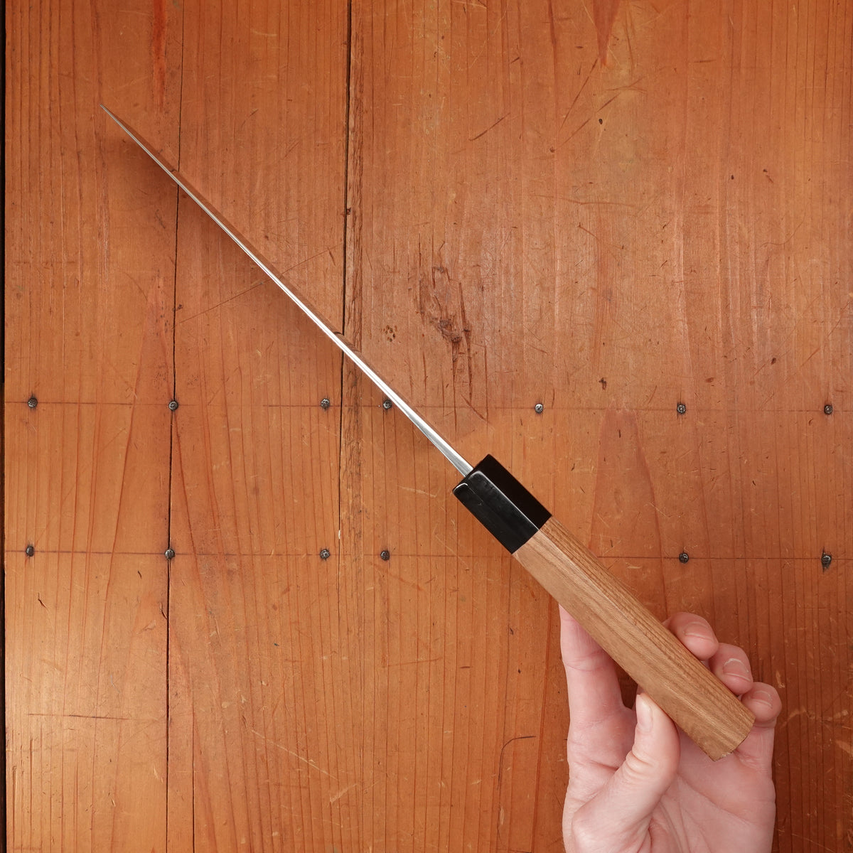 New Old Stock Yoshikane 165mm Nakiri VG10 Suminagashi Damascus with New Enju & Horn Handle
