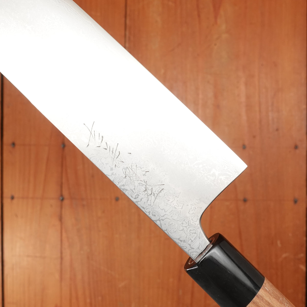 New Old Stock Yoshikane 165mm Nakiri VG10 Suminagashi Damascus with New Enju & Horn Handle