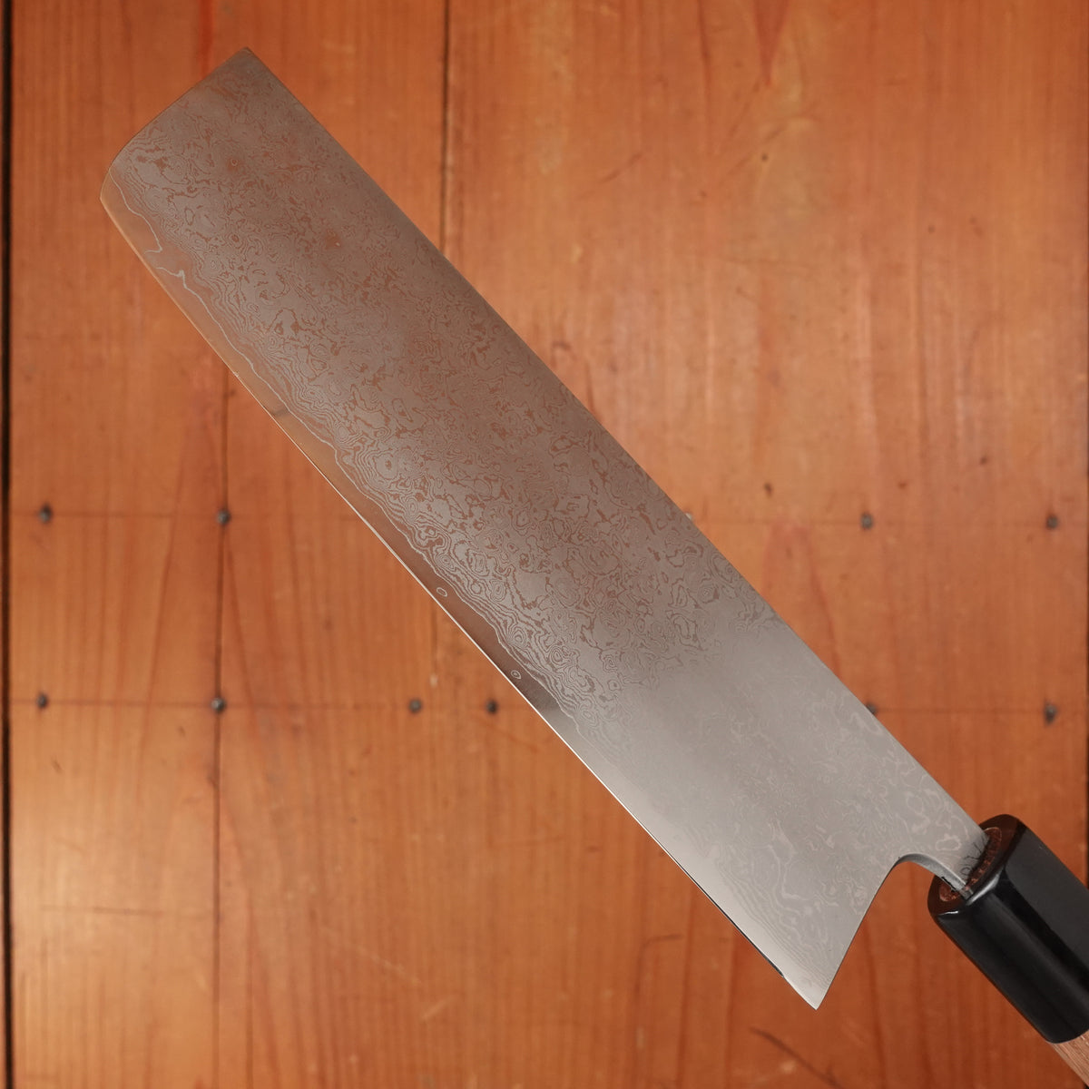 New Old Stock Yoshikane 165mm Nakiri VG10 Suminagashi Damascus with New Enju & Horn Handle
