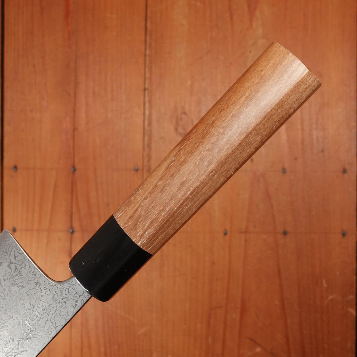 New Old Stock Yoshikane 165mm Nakiri VG10 Suminagashi Damascus with New Enju & Horn Handle