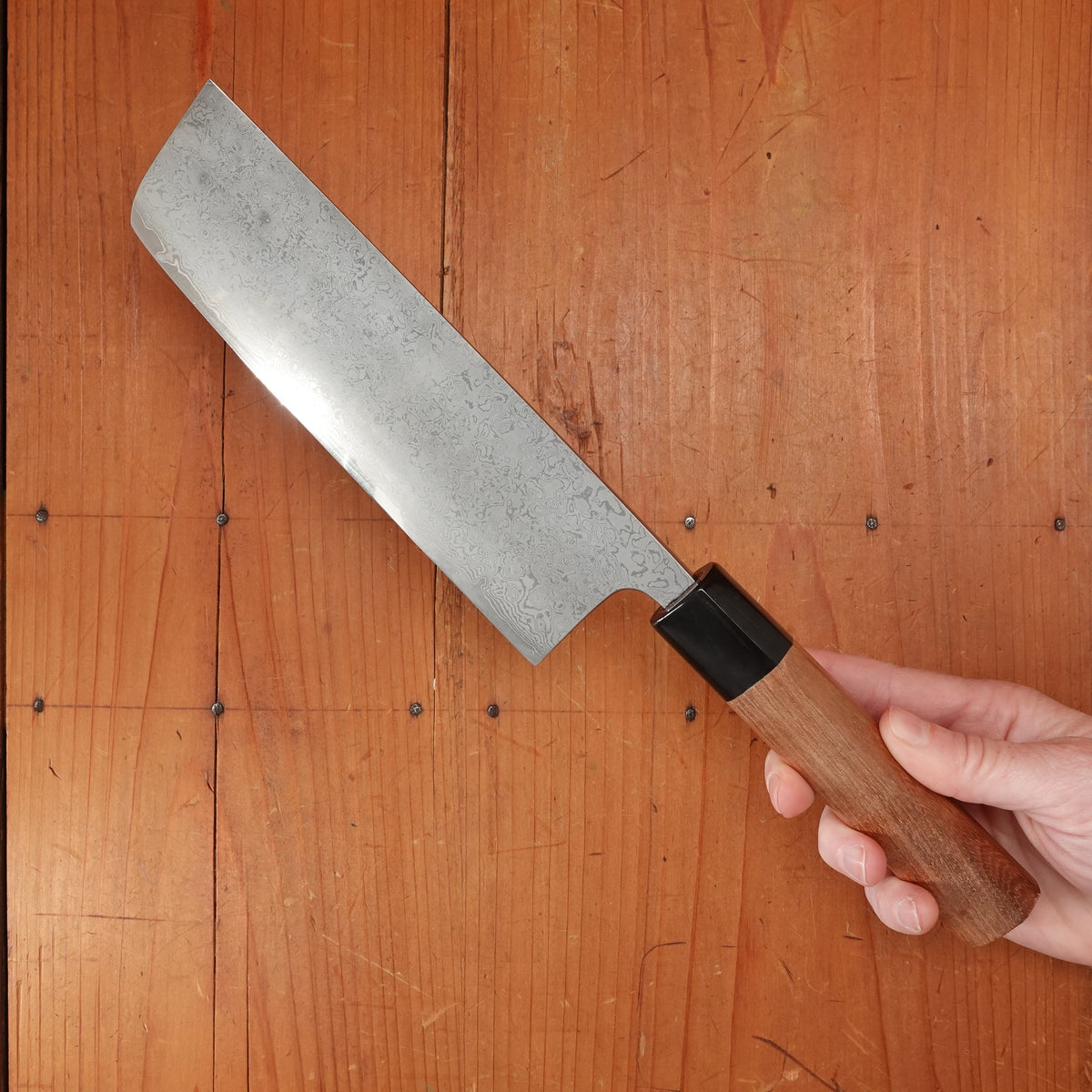New Old Stock Yoshikane 165mm Nakiri VG10 Suminagashi Damascus with New Enju & Horn Handle
