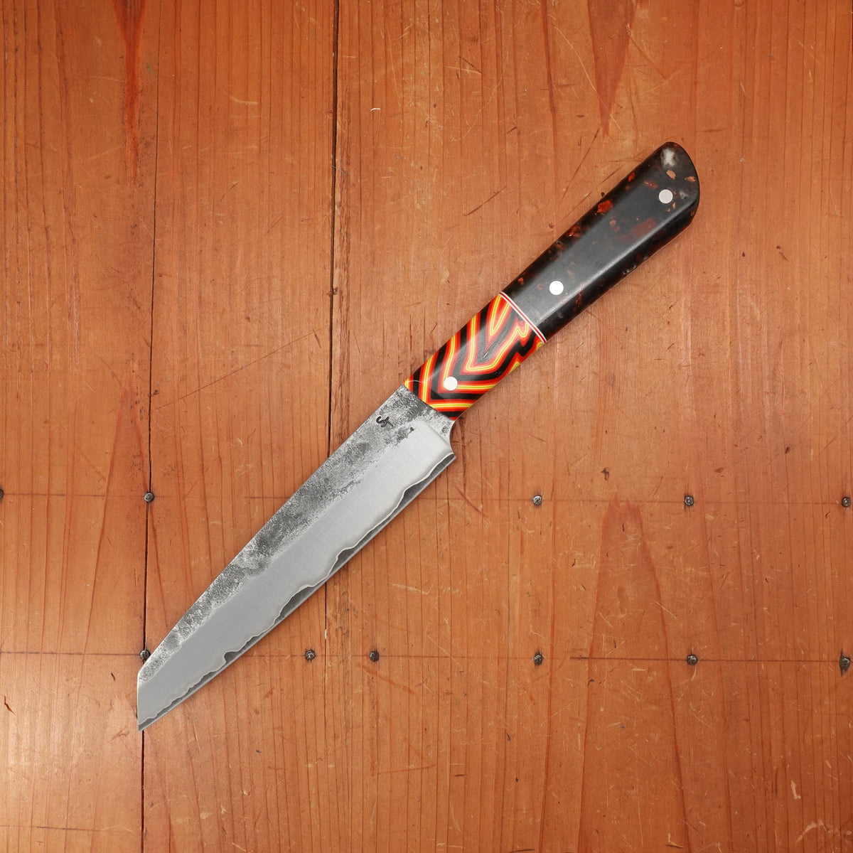 Silverthorn 6" Petty Knife Nashiji Kurouchi San Mai Stainless Clad O1 Carbon Steel G10s